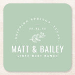 Dessous-de-verre Carré En Papier Monogramme Mariage de fleurs modernes | Sage<br><div class="desc">Personnalisez le modèle avec les noms de la mariée et du marié ou les initiales monographiques. Ajoutez votre date de mariage, le nom de la ville, de l'état ou du lieu ou tout autre texte personnalisé. Ce design rustique moderne de style logotype possède une tige florale simple et une typographie...</div>