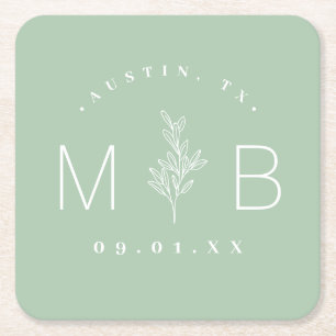 Dessous-de-verre Carré En Papier Monogramme Mariage de tige florale rustique Sage