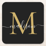 Dessous-de-verre Carré En Papier Monogramme moderne Classic Black Gold Nom de scrip<br><div class="desc">Élégant moderne personnalisé Black Gold Monogramme Nom du script Dessous de verre papier initial</div>
