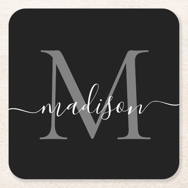 Dessous-de-verre Carré En Papier Monogramme moderne Classic Black Grey Nom du scrip (Devant)
