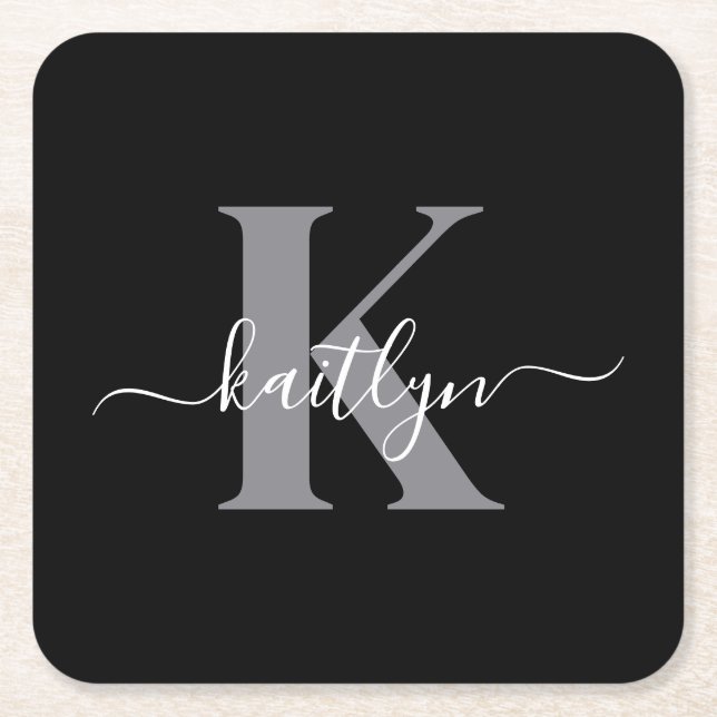 Dessous-de-verre Carré En Papier Monogramme moderne gris noir script (Devant)