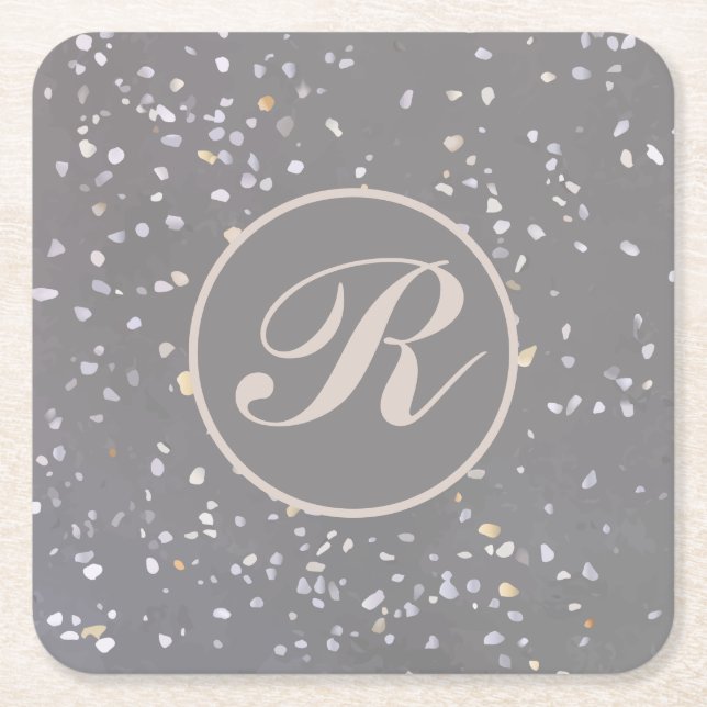 Dessous-de-verre Carré En Papier Monogramme Moderne Gris Terrazzo (Devant)