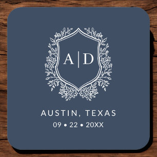 Dessous-de-verre Carré En Papier Monogramme moderne Mariage Marine Bleu Crest