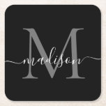 Dessous-de-verre Carré En Papier Monogramme moderne Nom de script noir gris classiq<br><div class="desc">Élégant moderne Personnalisé Black Silver Gris Monogramme Nom du script Dessous de verre papier initial</div>