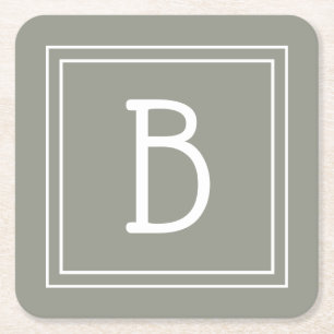 Dessous-de-verre Carré En Papier Monogramme Moderne Personnalisé Vert Sauge & Blanc