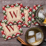 Dessous-de-verre Carré En Papier Monogramme moderne sur le plateau de Noël<br><div class="desc">Votre première sur une fausse feuille d'or et un motif plaid rouge,  vert et blanc.,  ces dessous de verre carrés sont parfaits pour votre propre maison ou donner en cadeau de vacances ou d'hôtesse. CORRESPONDRE des articles dans notre magasin.</div>