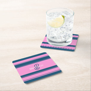 Dessous-de-verre Carré En Papier Monogramme Motif de bandes bleu et rose