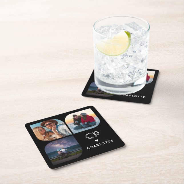 Dessous-de-verre Carré En Papier Monogramme Nom 3 Photo Moderne Tendance Simple (En situation)