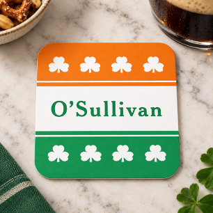 Dessous-de-verre Carré En Papier Monogramme Nom de Famille Drapeau Irlandais Trèfle