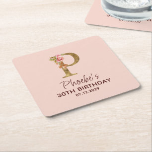 Dessous-de-verre Carré En Papier Monogramme Or Lettre P Or Rose Rose Pâle