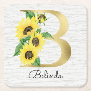 Dessous-de-verre Carré En Papier Monogramme Or Soleil Doré Féminin Floral Initial B