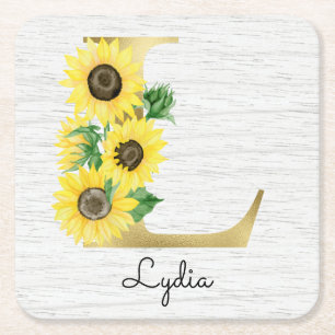 Dessous-de-verre Carré En Papier Monogramme Or Soleil Doré Féminin Floral Initial L