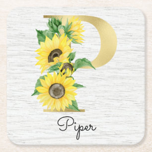 Dessous-de-verre Carré En Papier Monogramme Or Soleil Doré Féminin Floral Initial P