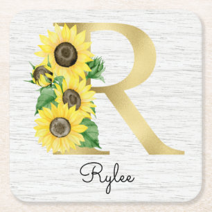Dessous-de-verre Carré En Papier Monogramme Or Soleil Doré Féminin Floral Initial R