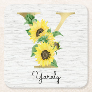 Dessous-de-verre Carré En Papier Monogramme Or Soleil Doré Féminin Floral Initial Y