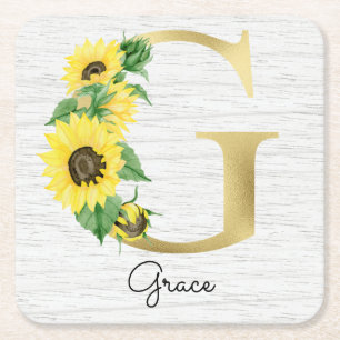 Dessous-de-verre Carré En Papier Monogramme Or Soleil Doré Féminin Floral Initiale 