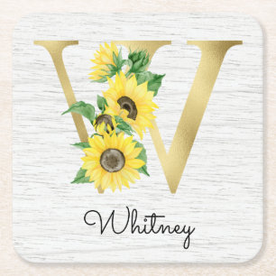 Dessous-de-verre Carré En Papier Monogramme Or Soleil Doré Féminin Floral Initiale 
