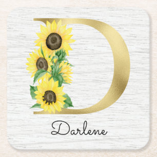 Dessous-de-verre Carré En Papier Monogramme Or Soleil Doré Girly Floral Initial D