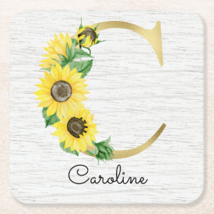 Dessous-de-verre Carré En Papier Monogramme Or Soleil Doré Initiale Florale Féminin