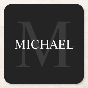 Dessous-de-verre Carré En Papier Monogramme personnalisé et nom noir