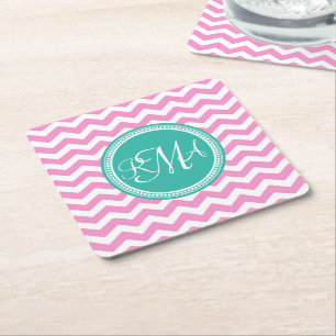 Dessous-de-verre Carré En Papier Monogramme Pink et Turquoise Chevron Custom