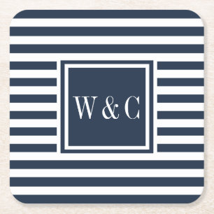 Dessous-de-verre Carré En Papier Monogramme rayé bleu marine et blanc Prépa