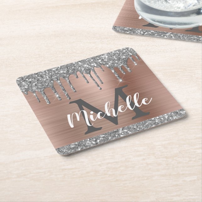 Dessous-de-verre Carré En Papier Monogramme Rose Gold à Gouttes Pailleté Argenté Fé (Incliné)