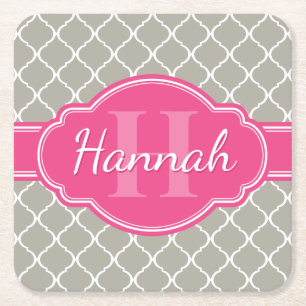 Dessous-de-verre Carré En Papier Monogramme rose Motif en lattice blanc gris