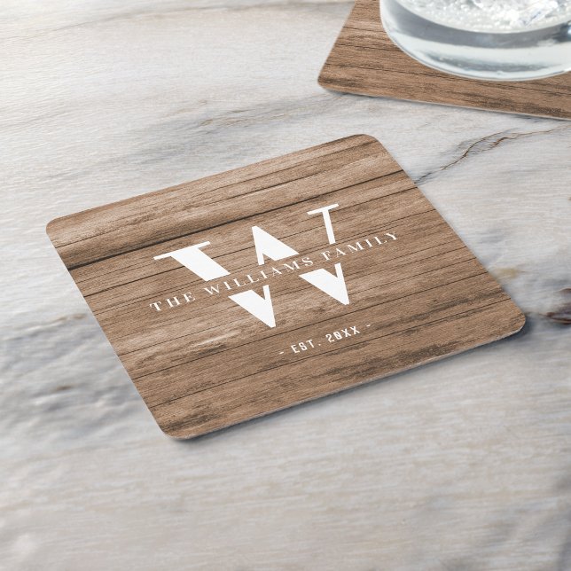 Dessous-de-verre Carré En Papier Monogramme Rustique moderne Nom de famille Bois Vi (Créateur téléchargé)