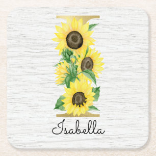 Dessous-de-verre Carré En Papier Monogramme Soleil Doré Fleur Initiale I Féminin