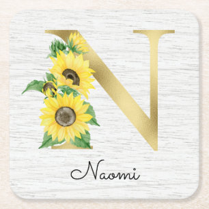 Dessous-de-verre Carré En Papier Monogramme Soleil Doré Fleur Initiale N Féminin
