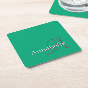 Dessous-de-verre Carré En Papier Monogramme vert minimal et simple et nom