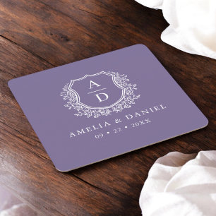 Dessous-de-verre Carré En Papier Monogramme violet Mariage Floral Crest Élégant