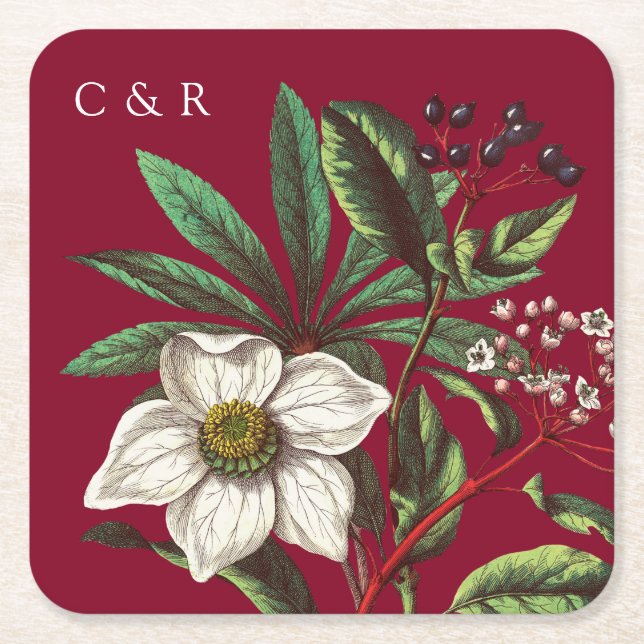 Dessous-de-verre Carré En Papier Monogrammes Moderne Bourgogne Rouge Rose de Noël (Devant)