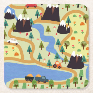 Dessous-de-verre Carré En Papier Montagnes, rivières, forêt, motif automobile.