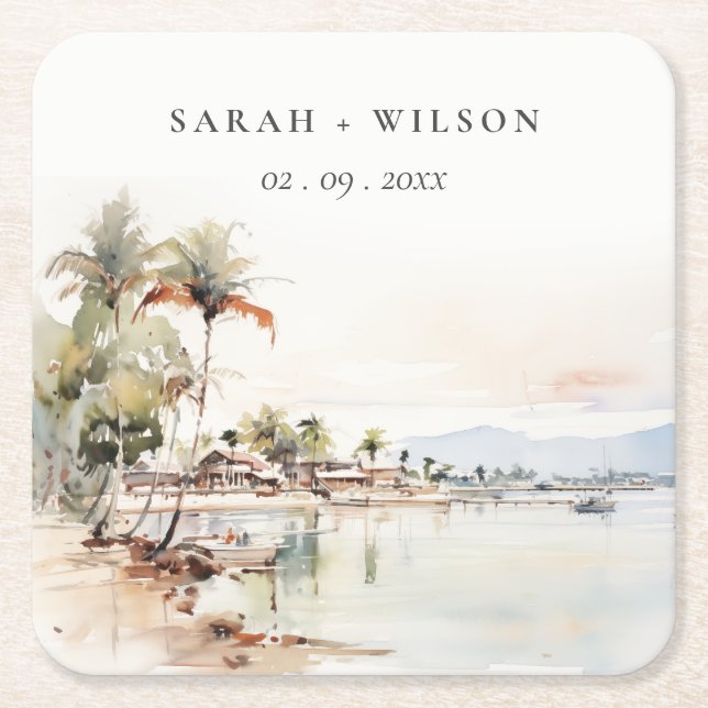 Dessous-de-verre Carré En Papier Montego Bay Jamaïque Paysage aquarelle Mariage (Devant)