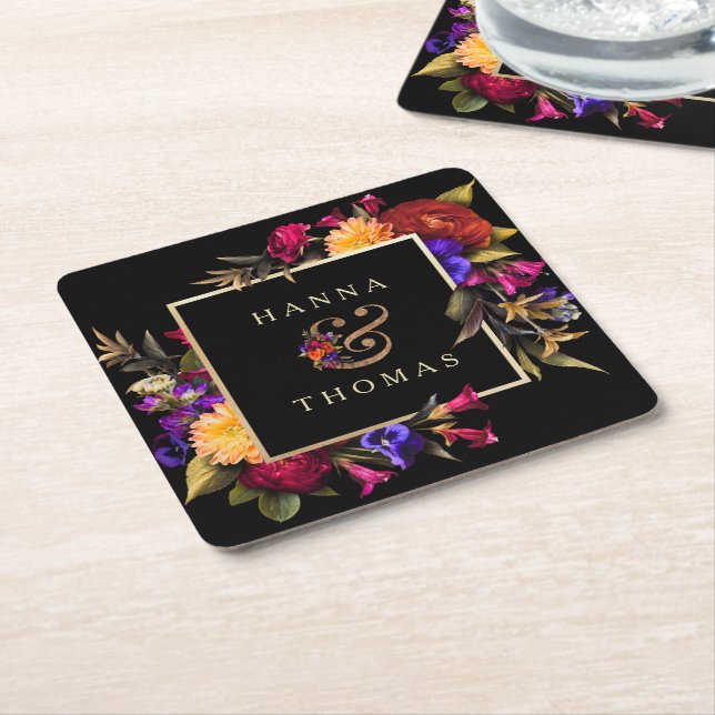 Dessous-de-verre Carré En Papier Moody foncé Automne Mariage Floral (Incliné)