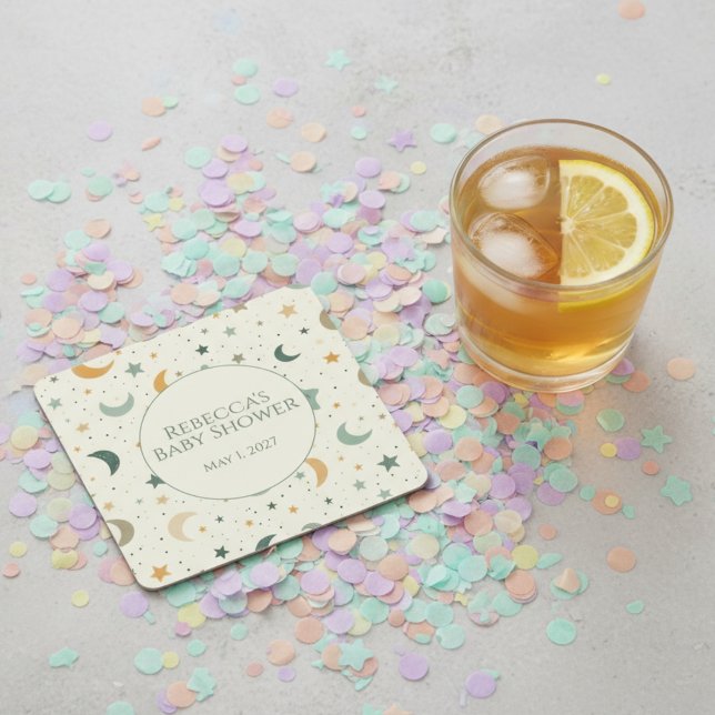 Dessous-de-verre Carré En Papier Moon and Stars Boho Baby Adoption Shower (Boho moon and stars baby shower drink coaster)