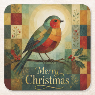 Dessous-de-verre Carré En Papier Mosaïque de Noël Robin Oiseau Houx Baie