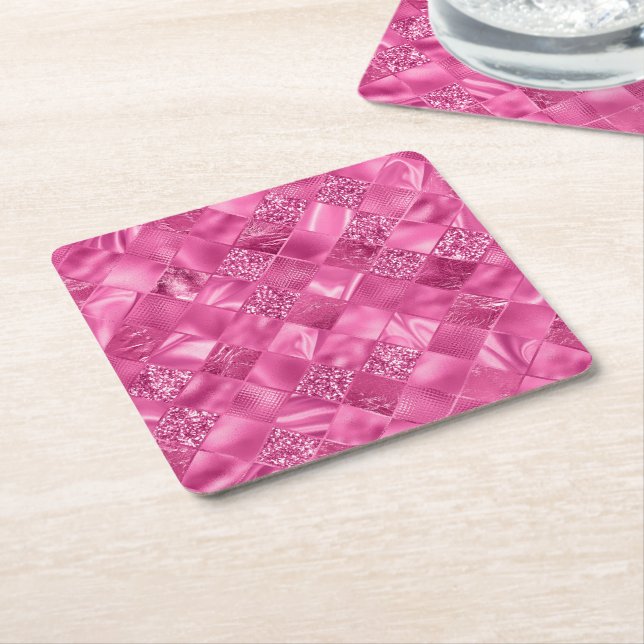 Dessous-de-verre Carré En Papier Motif à tissage Carré rose chaud (Incliné)