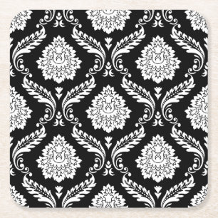 Dessous-de-verre Carré En Papier Motif Damassé Rococo Blanc sur Fond Noir