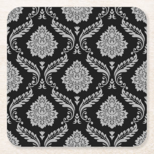 Dessous-de-verre Carré En Papier Motif Damassé Rococo Gris sur Fond Noir
