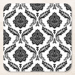 Dessous-de-verre Carré En Papier Motif Damassé Rococo Noir sur Blanc