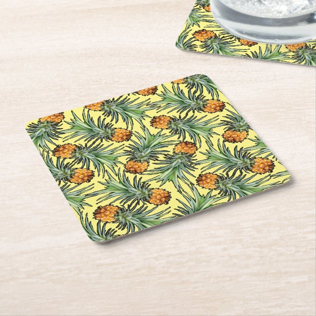 Dessous-de-verre Carré En Papier Motif d'ananas tropical sur jaune (Incliné)