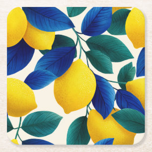 Dessous-de-verre Carré En Papier Motif d'aquarelle citron et bleu Feuille