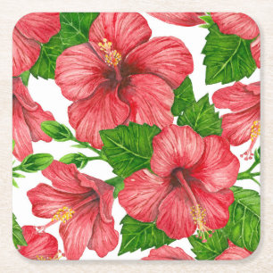 Dessous-de-verre Carré En Papier Motif d'aquarelle d'hibiscus rouge
