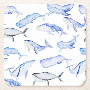 Dessous-de-verre Carré En Papier Motif de baleine bleue d'aquarelle