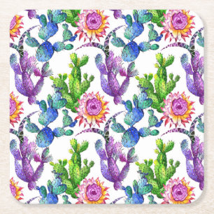 Dessous-de-verre Carré En Papier Motif de cactus de fleur sauvage d'aquarelle