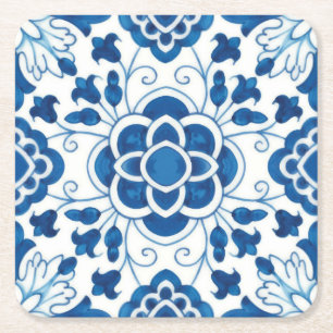 Dessous-de-verre Carré En Papier Motif de carreaux bleu azulejos Vintage