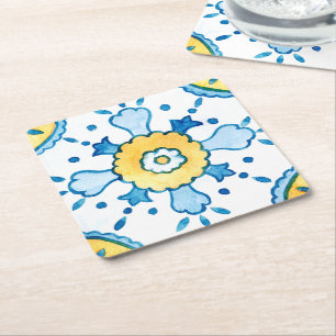 Dessous-de-verre Carré En Papier Motif de carreaux marocains bleu et jaune à l'aqua